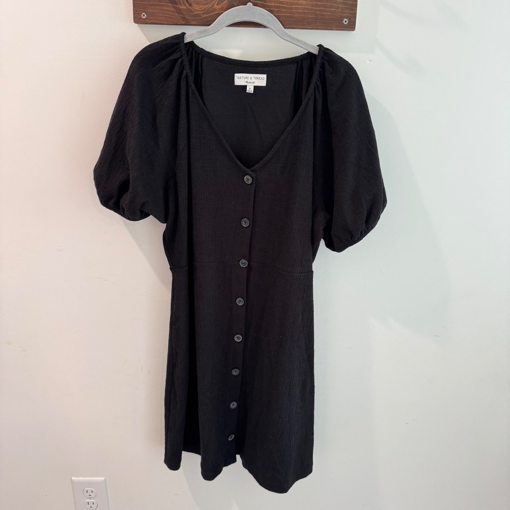 Madewell Texture & Thread Black Button Front Puff Sleeve Mini Dress XL AB305